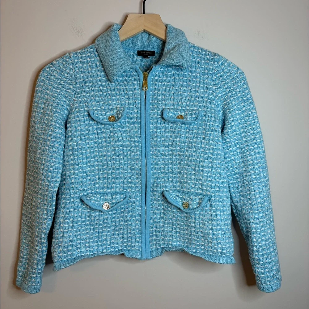 Women’s Talbots collared zip cardigan jacket light blue&white tweed size SP - Picture 1 of 10